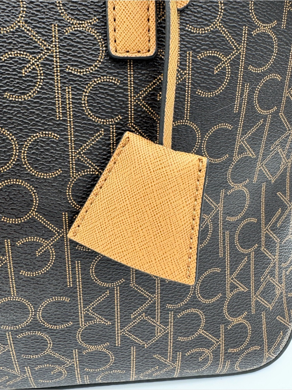 Calvin Klein Signature Dome Satchel- Brown Monogram Pattern with Tan Trim - Picture 9 of 14